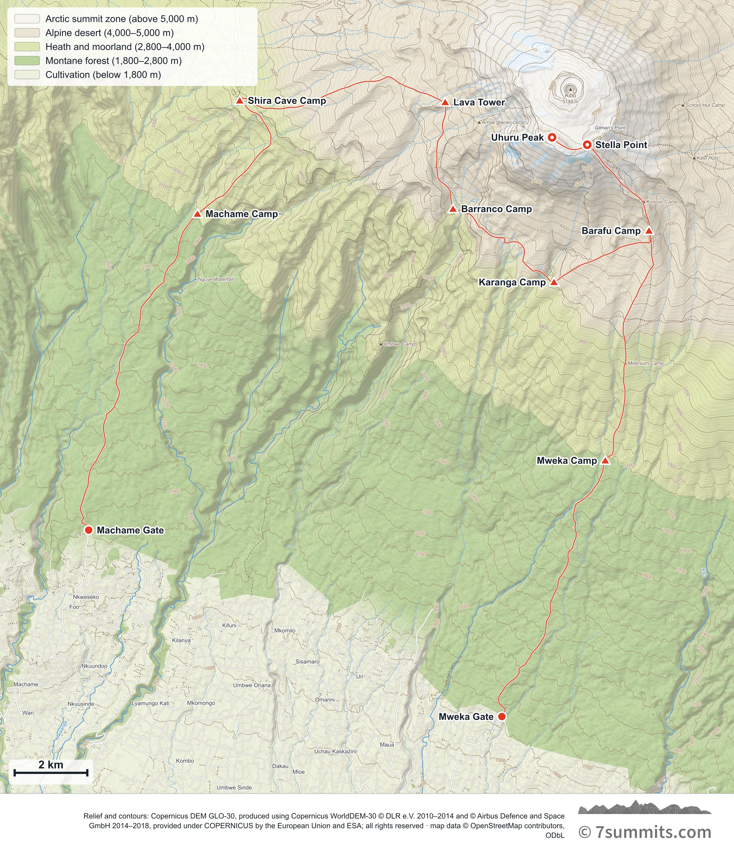 Topographic map of the Machame Route on Kilimanjaro, from Machame Gate up the south-west flank past Shira, Lava Tower, Barranco and Barafu to Uhuru Peak, descending by Mweka to Mweka Gate