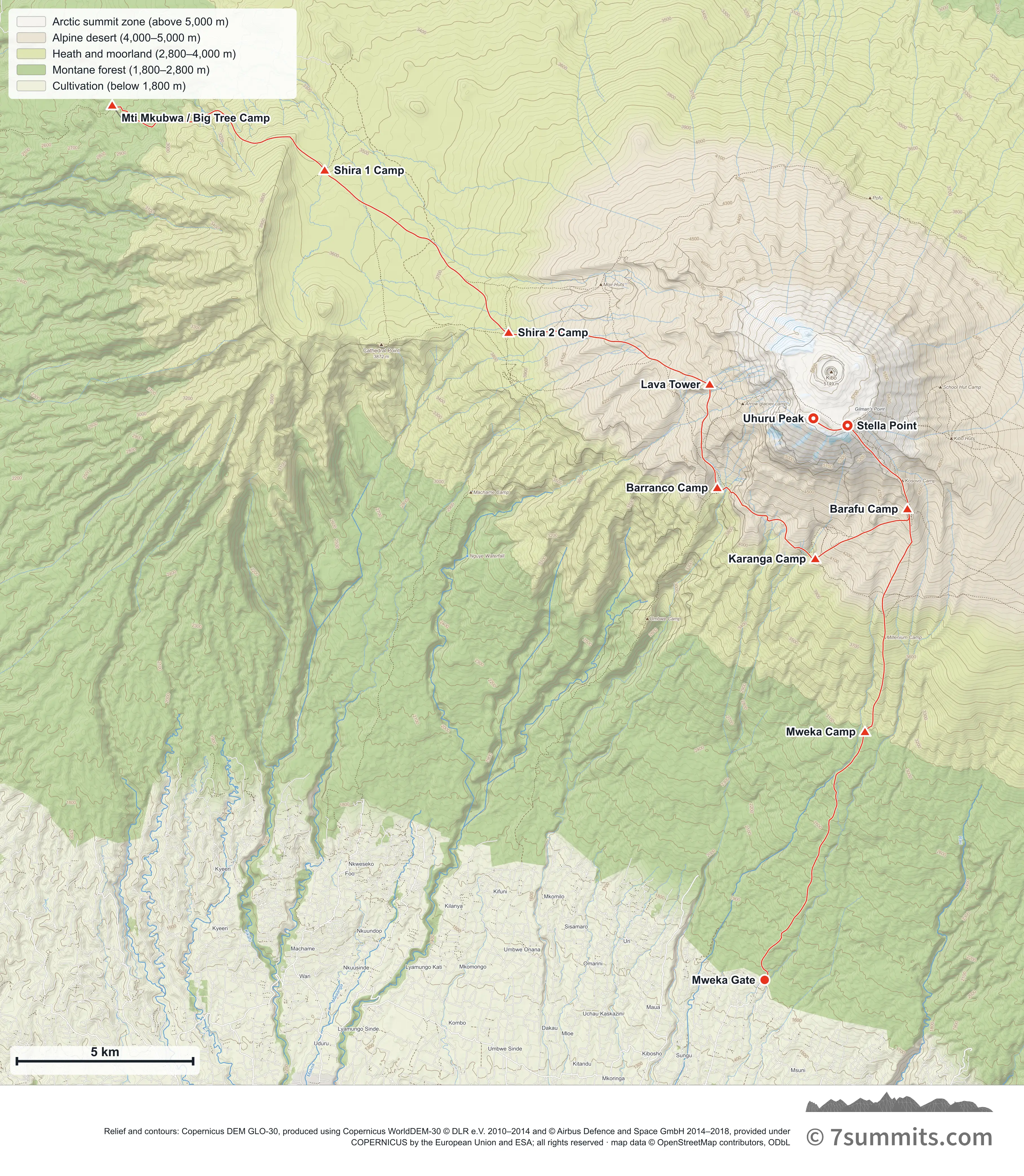Topographic map of the Lemosho Route on Kilimanjaro, from Londorossi on the west side across the Shira plateau and round the southern flank to Uhuru Peak, descending by Mweka