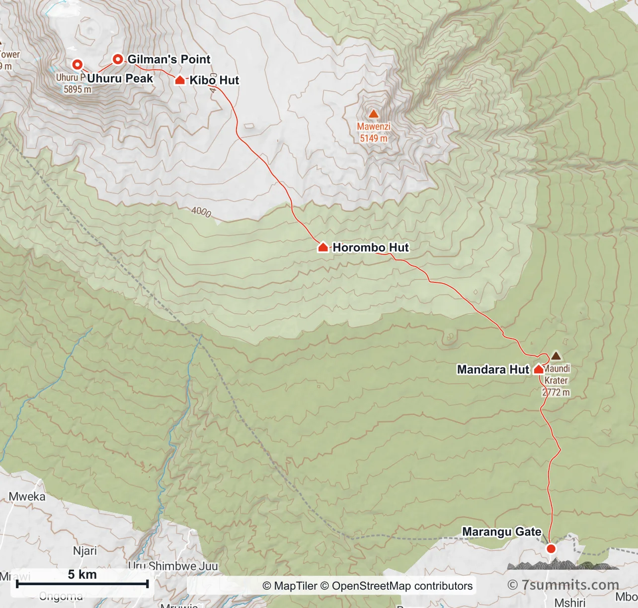 Topographic map of the Marangu Route on Kilimanjaro, from Marangu Gate on the south-east through Mandara and Horombo huts to Kibo Hut, Gilman’s Point and Uhuru Peak