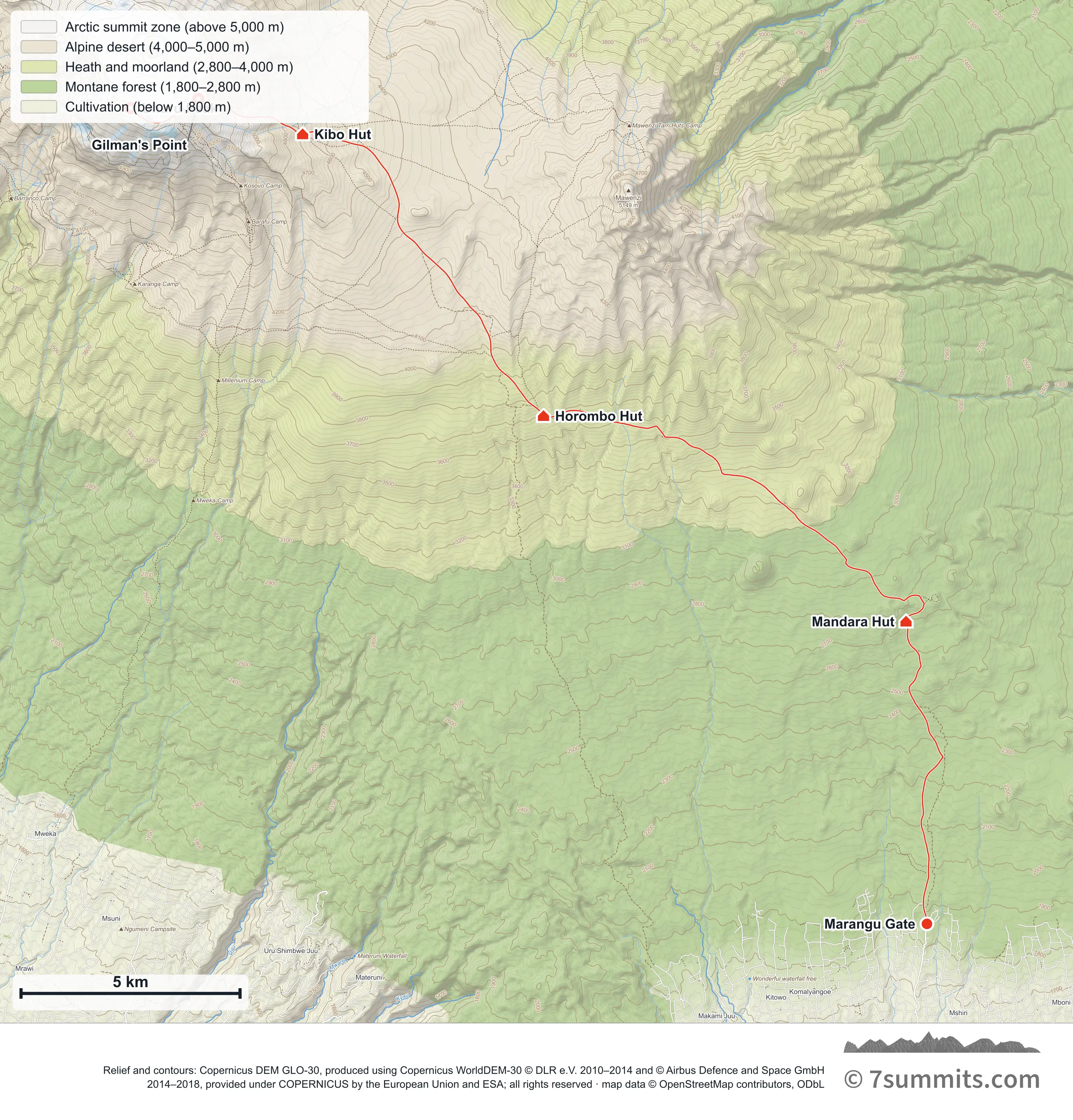 Topographic map of the Marangu Route on Kilimanjaro, from Marangu Gate on the south-east through Mandara and Horombo huts to Kibo Hut, Gilman’s Point and Uhuru Peak