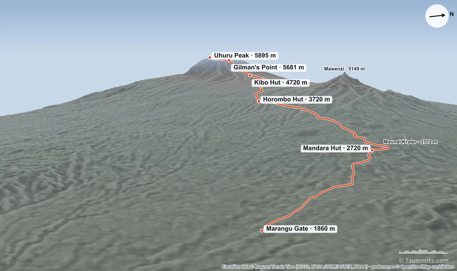 Oblique three-dimensional view of the Marangu Route on Kilimanjaro, from Marangu Gate through Mandara and Horombo huts to Kibo Hut, Gilman’s Point and Uhuru Peak