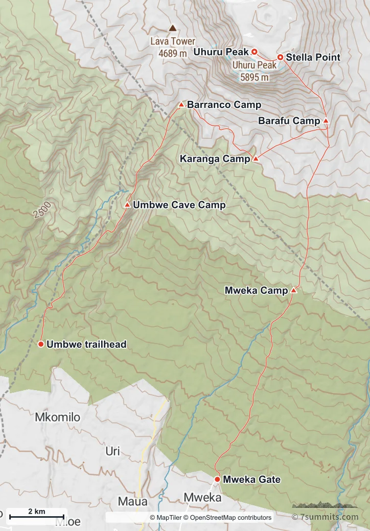 Topographic map of the Umbwe Route on Kilimanjaro, from the Umbwe trailhead on the south steeply to Barranco, then round to Barafu and Uhuru Peak, descending by Mweka