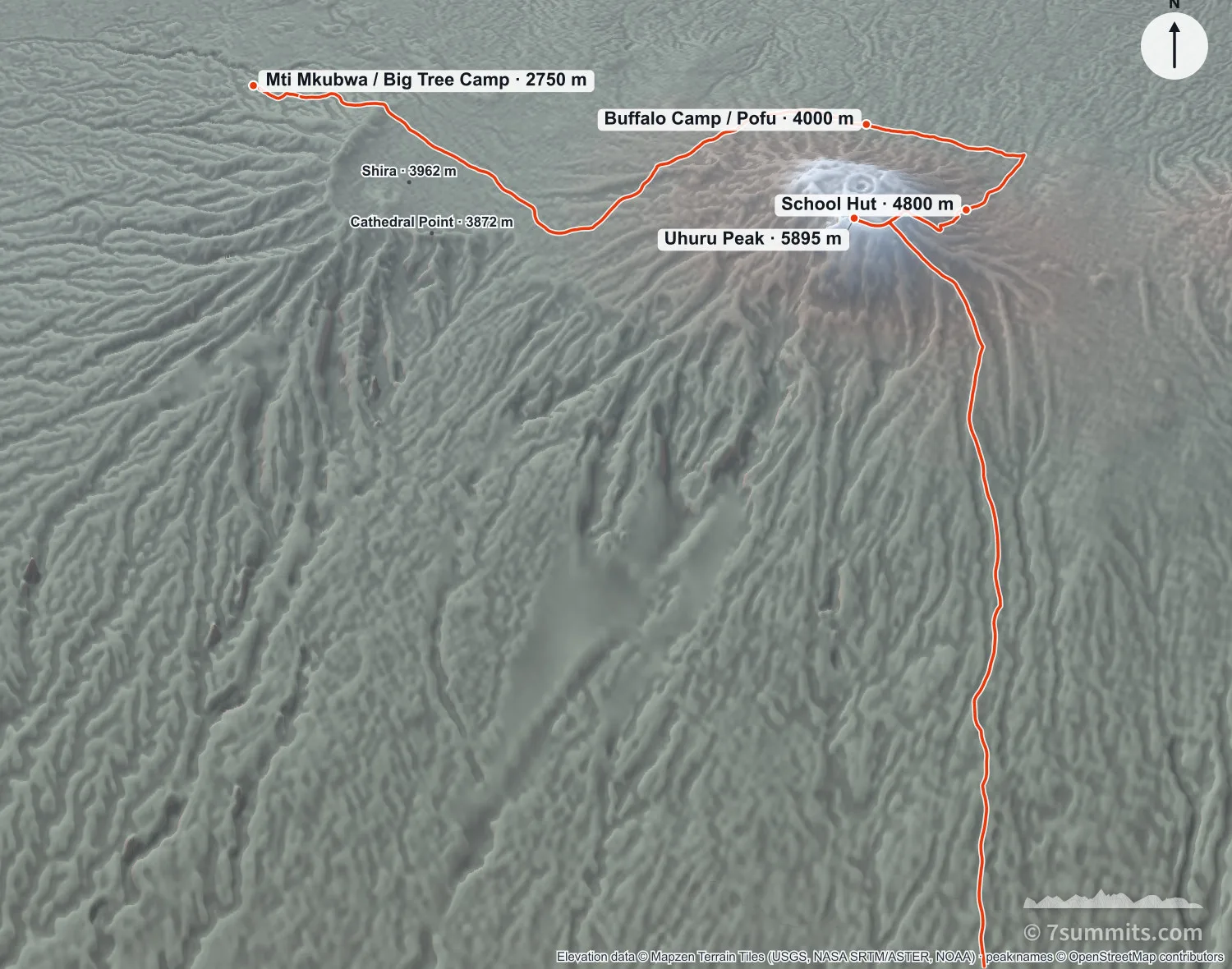 Plan view of the Northern Circuit on Kilimanjaro, from Mti Mkubwa on the west round the northern slopes past Buffalo Camp to School Hut and Uhuru Peak, descending south by Mweka