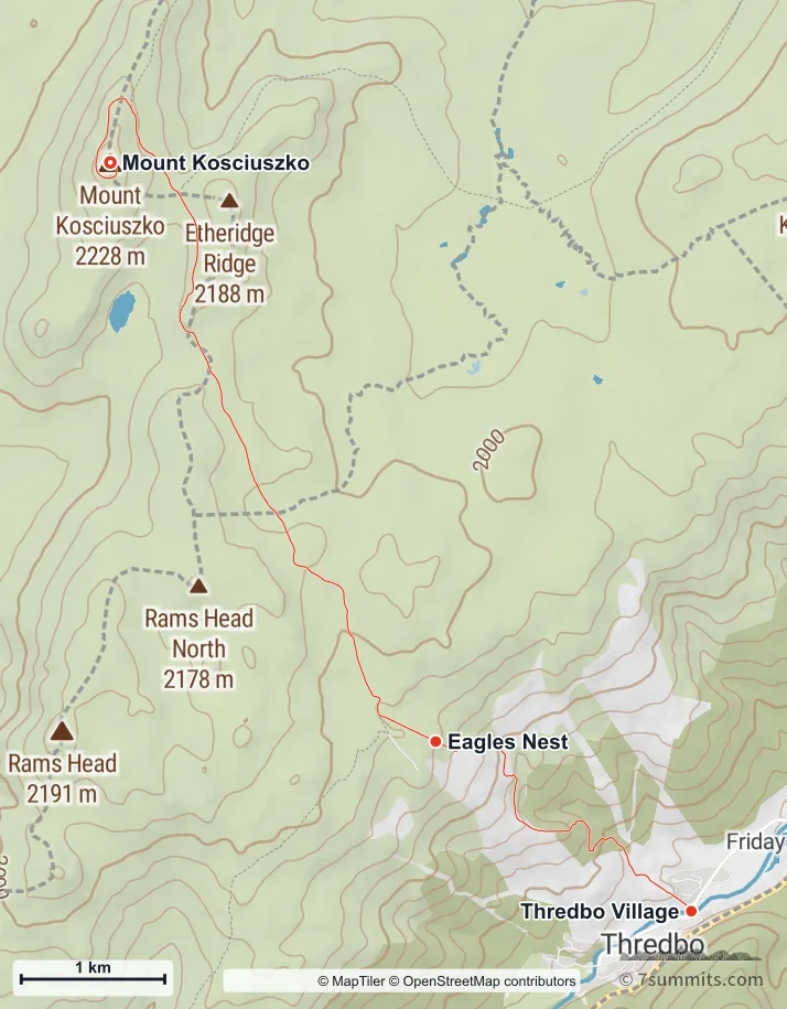 Topographic map of the Merritts Nature Track on Mount Kosciuszko, climbing on foot from Thredbo village to Eagles Nest and continuing along the Summit Walk to the summit
