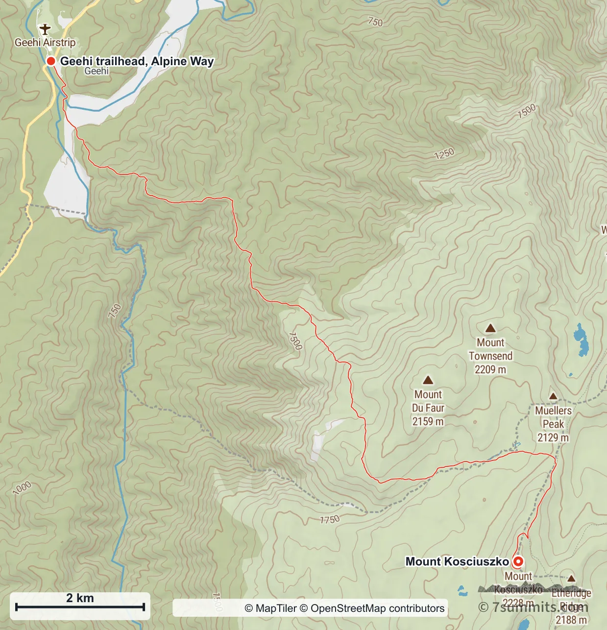 Topographic map of Hannels Spur on Mount Kosciuszko, from Geehi on the Alpine Way climbing steeply east across the Main Range to the summit