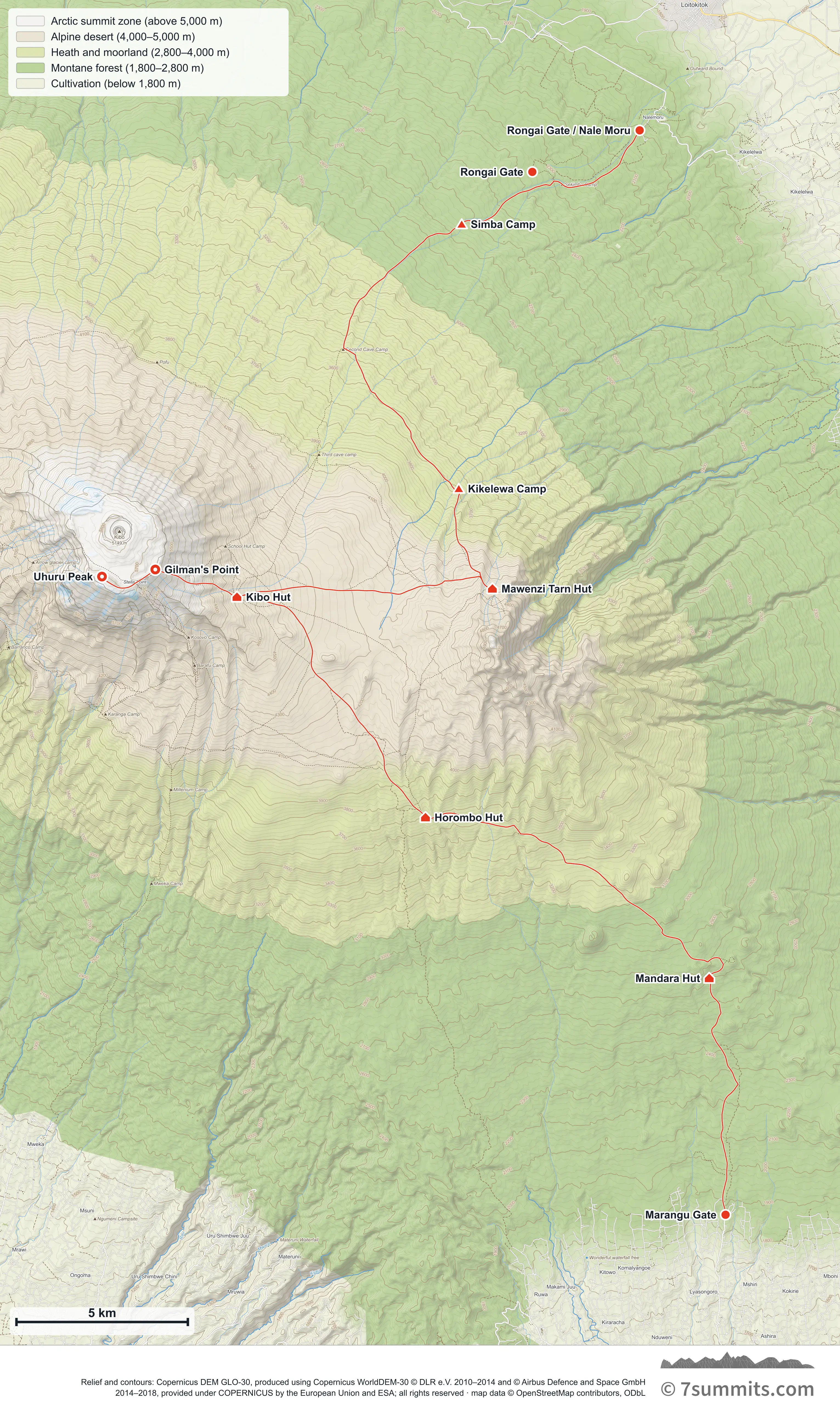 Topographic map of the Rongai Route on Kilimanjaro, from Nale Moru on the north-east past Mawenzi Tarn to Kibo Hut, Gilman’s Point and Uhuru Peak