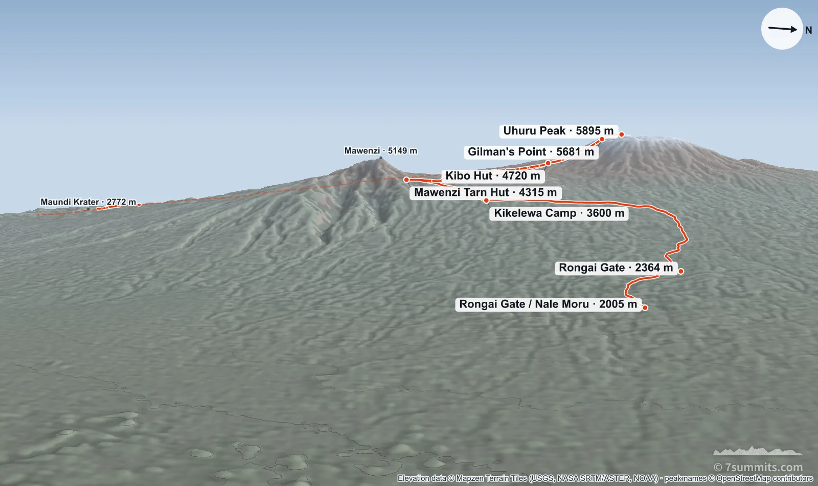 Oblique three-dimensional view of the Rongai Route on Kilimanjaro, from Nale Moru on the north-east past Mawenzi Tarn and across the saddle to Kibo and Uhuru Peak