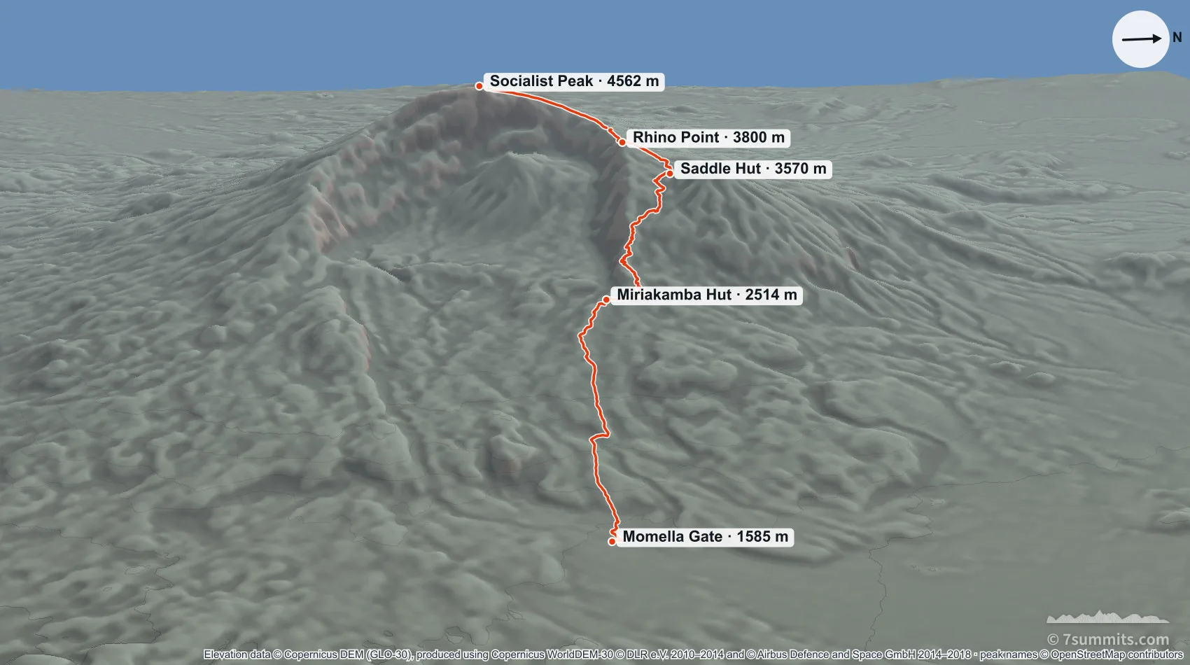 Oblique three-dimensional view of Mount Meru from the east, showing the Momella Route climbing through the forest to Miriakamba and Saddle Hut and then following the horseshoe crater rim to Socialist Peak