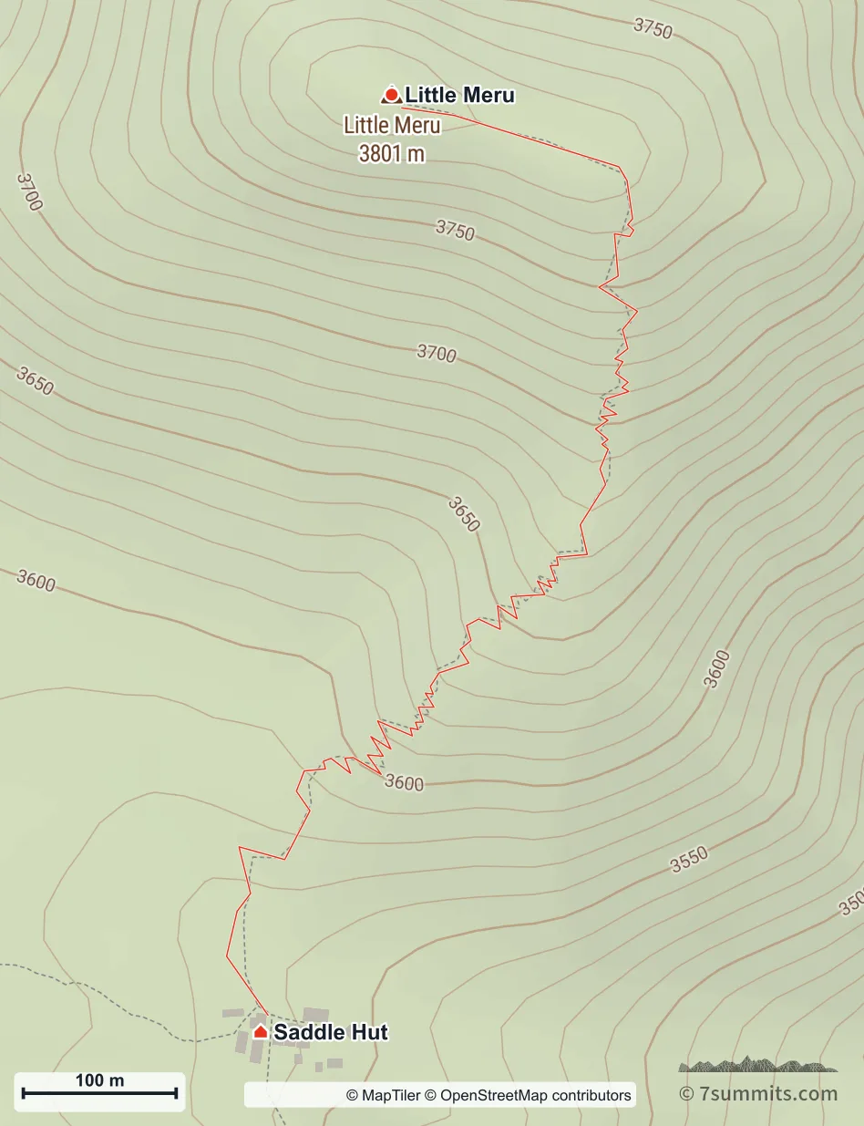 Topographic map of the short side hike from Saddle Hut north to the summit of Little Meru at 3,801 metres