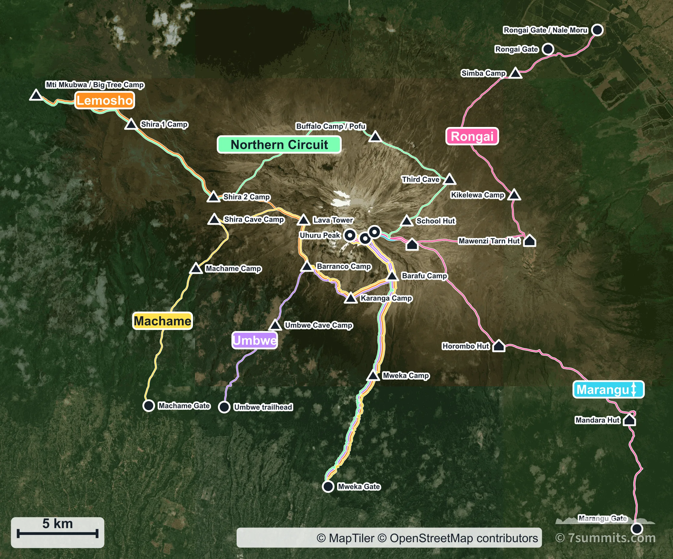 Satellite map of Kilimanjaro showing all six climbing routes in different colours — Machame, Lemosho, Marangu, Rongai, Umbwe and the Northern Circuit — with their camps and gates named. Marangu is marked as the one route climbed and descended by the same line.