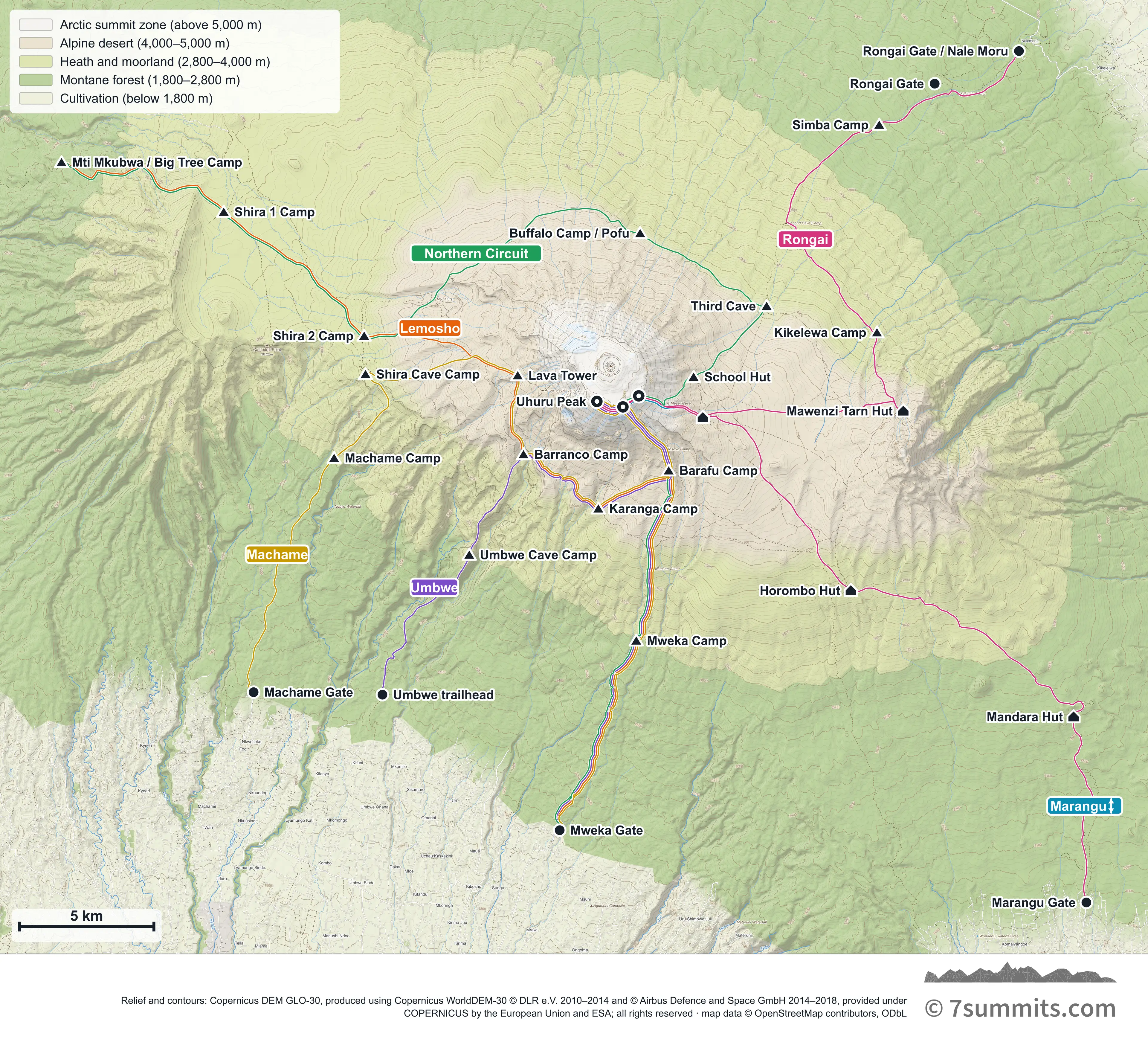 Satellite map of Kilimanjaro showing all six climbing routes in different colours — Machame, Lemosho, Marangu, Rongai, Umbwe and the Northern Circuit — with their camps and gates named. Marangu is marked as the one route climbed and descended by the same line.