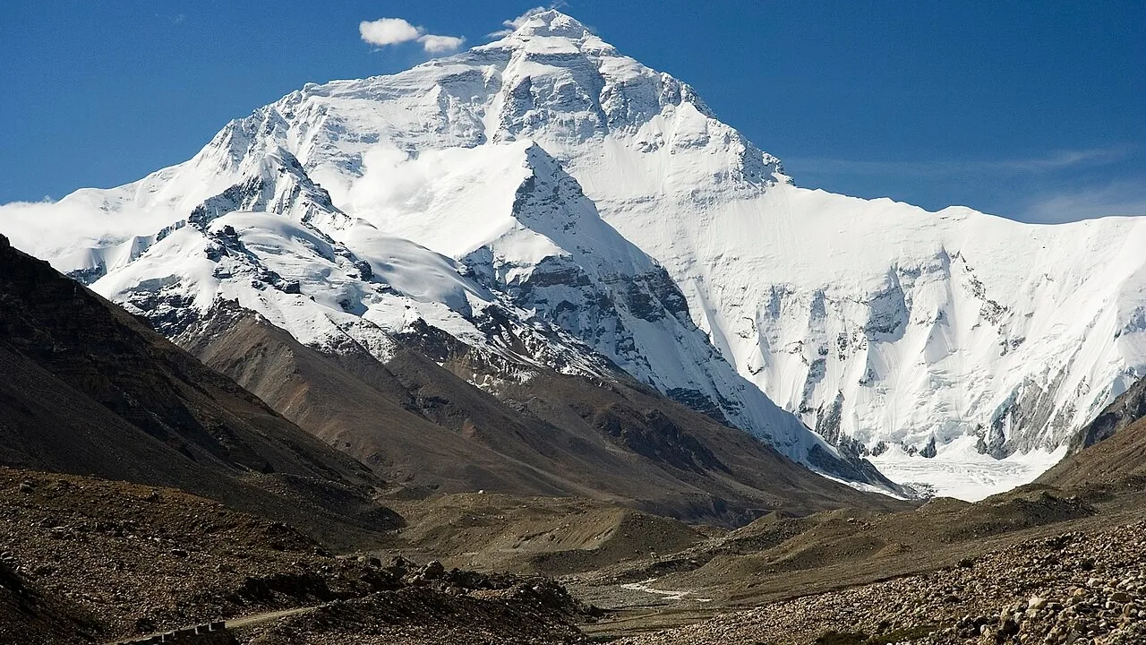 Mount Everest's north face seen from the path to base camp in Tibet