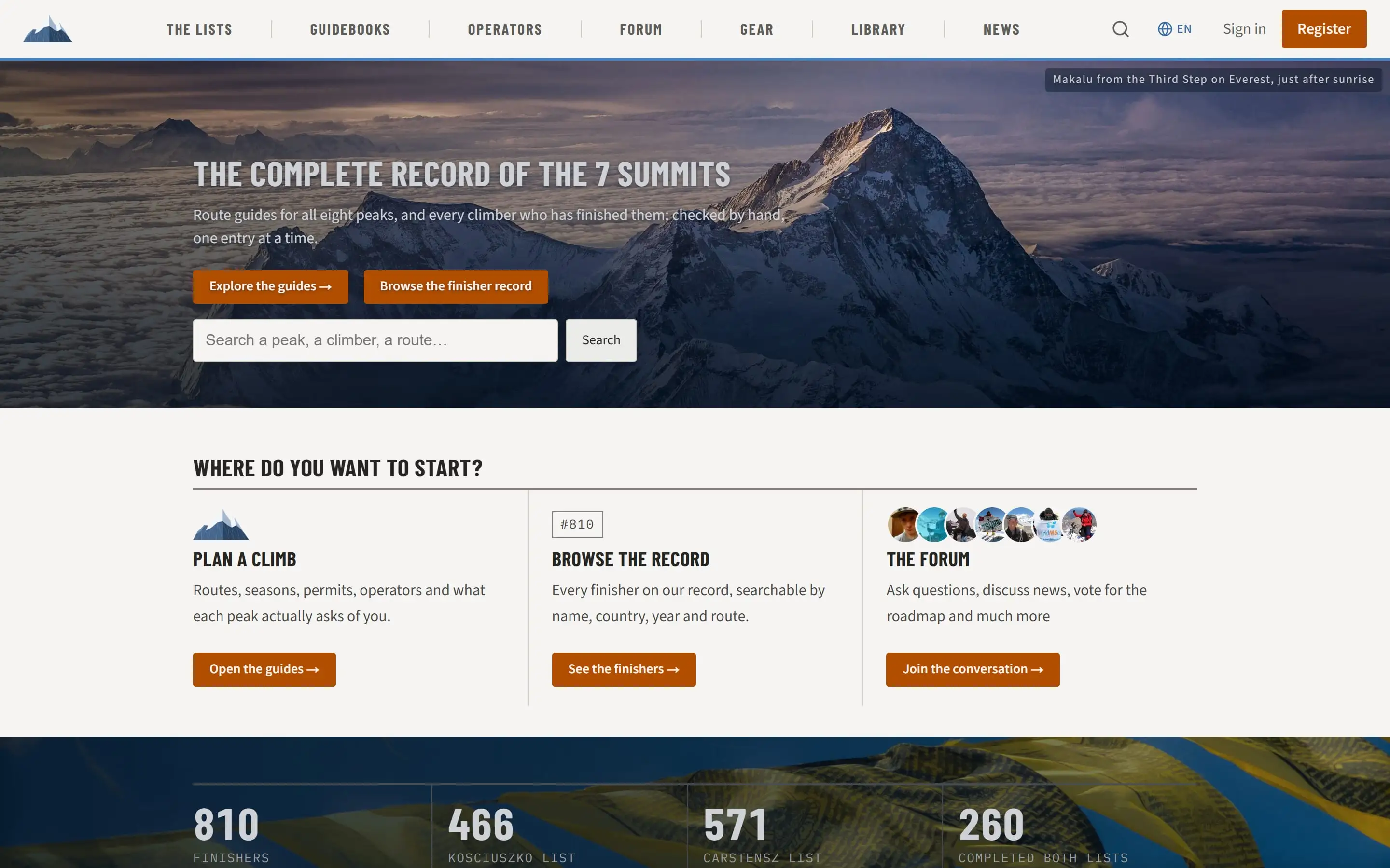 The 7summits.com homepage on a laptop, light mode
