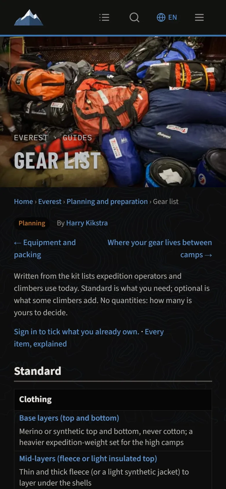 The Everest gear list on a phone, dark mode