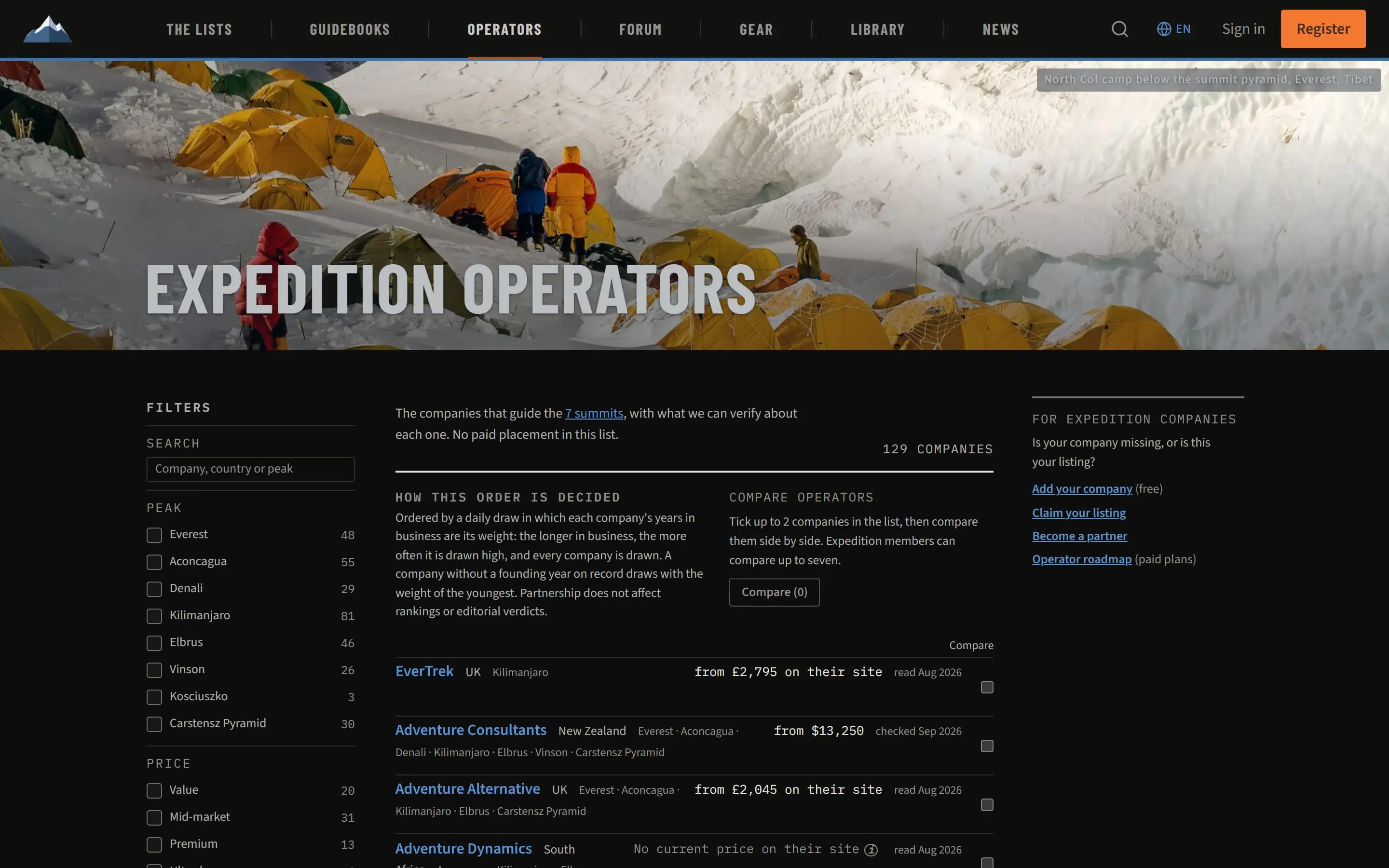 The operator directory on a laptop, dark mode