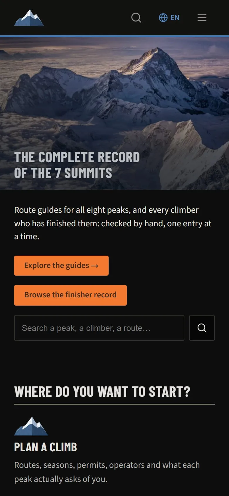 The 7summits.com homepage on a phone, dark mode