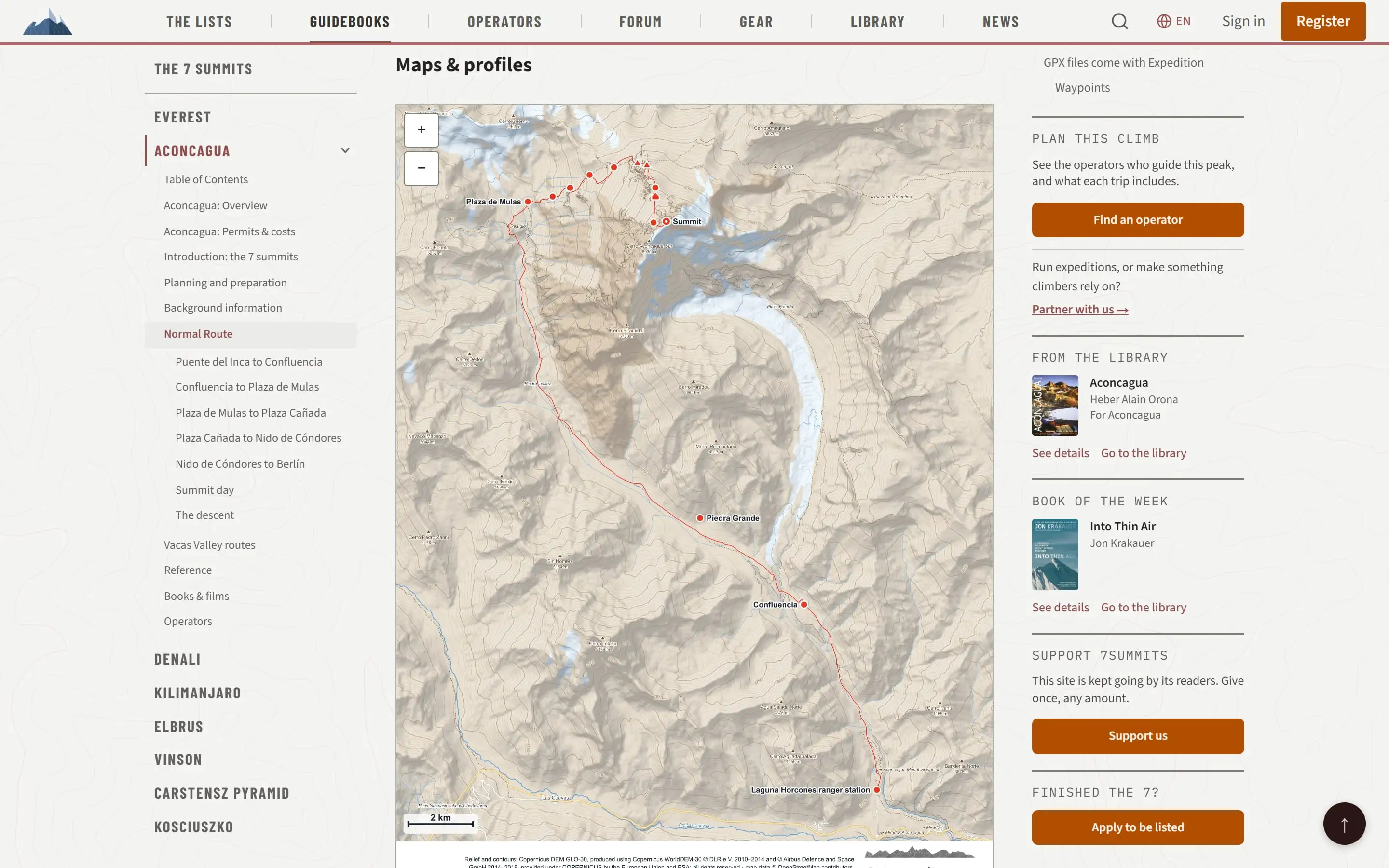 The Aconcagua Normal Route on its map, with the camps