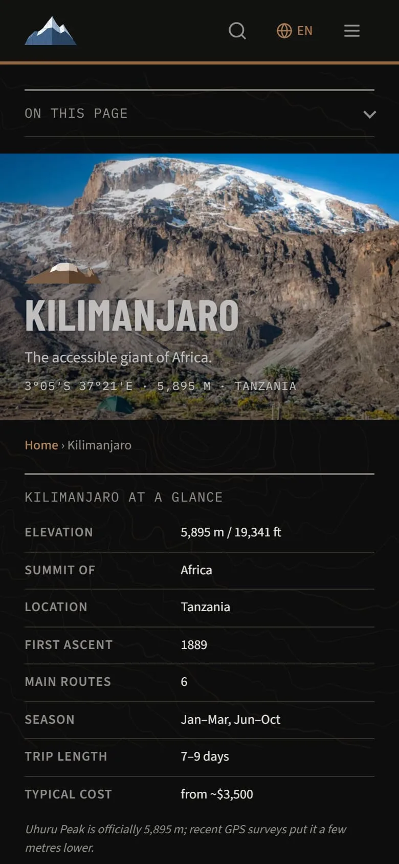 The Kilimanjaro guidebook on a phone, dark mode