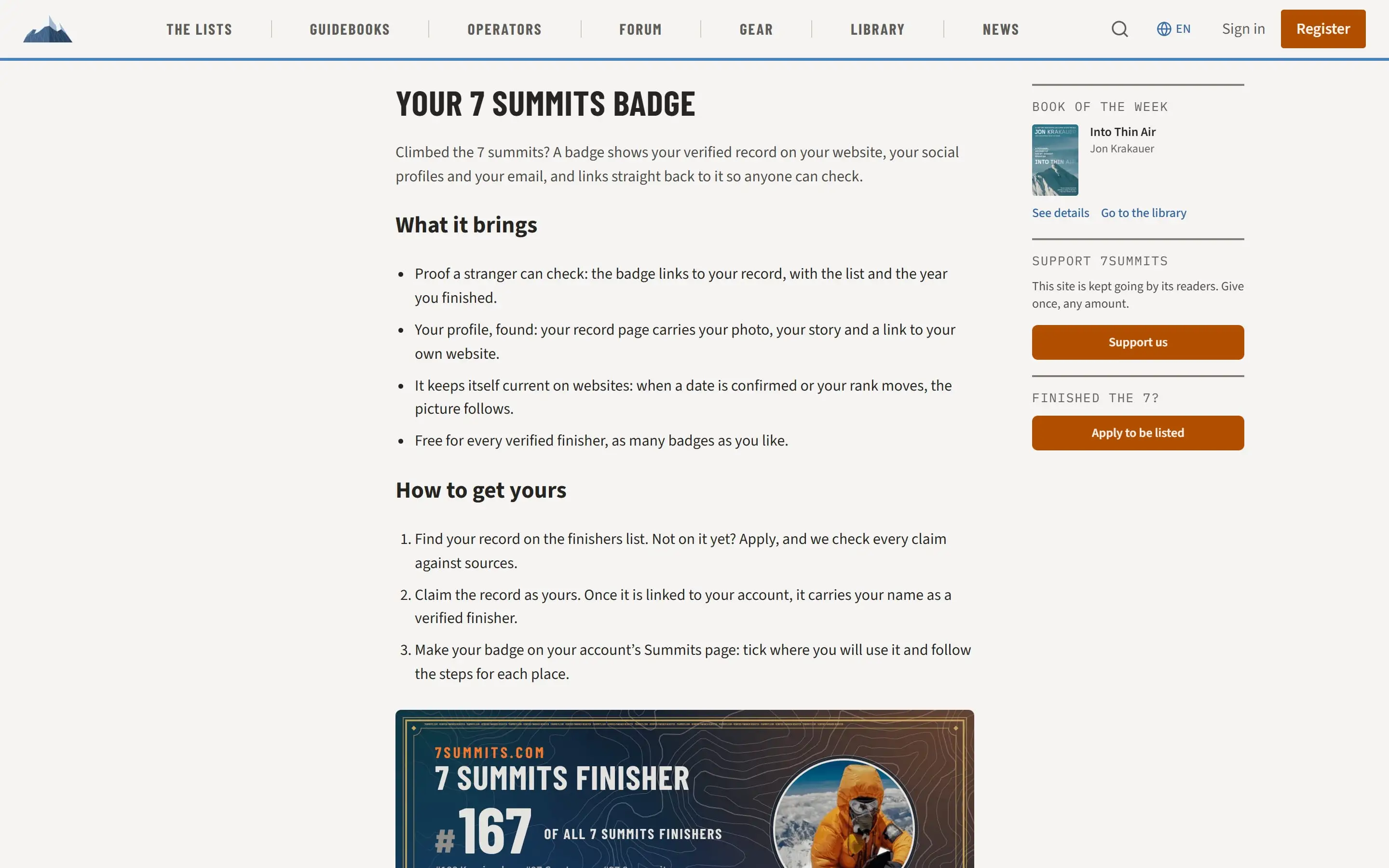 The finisher badge page