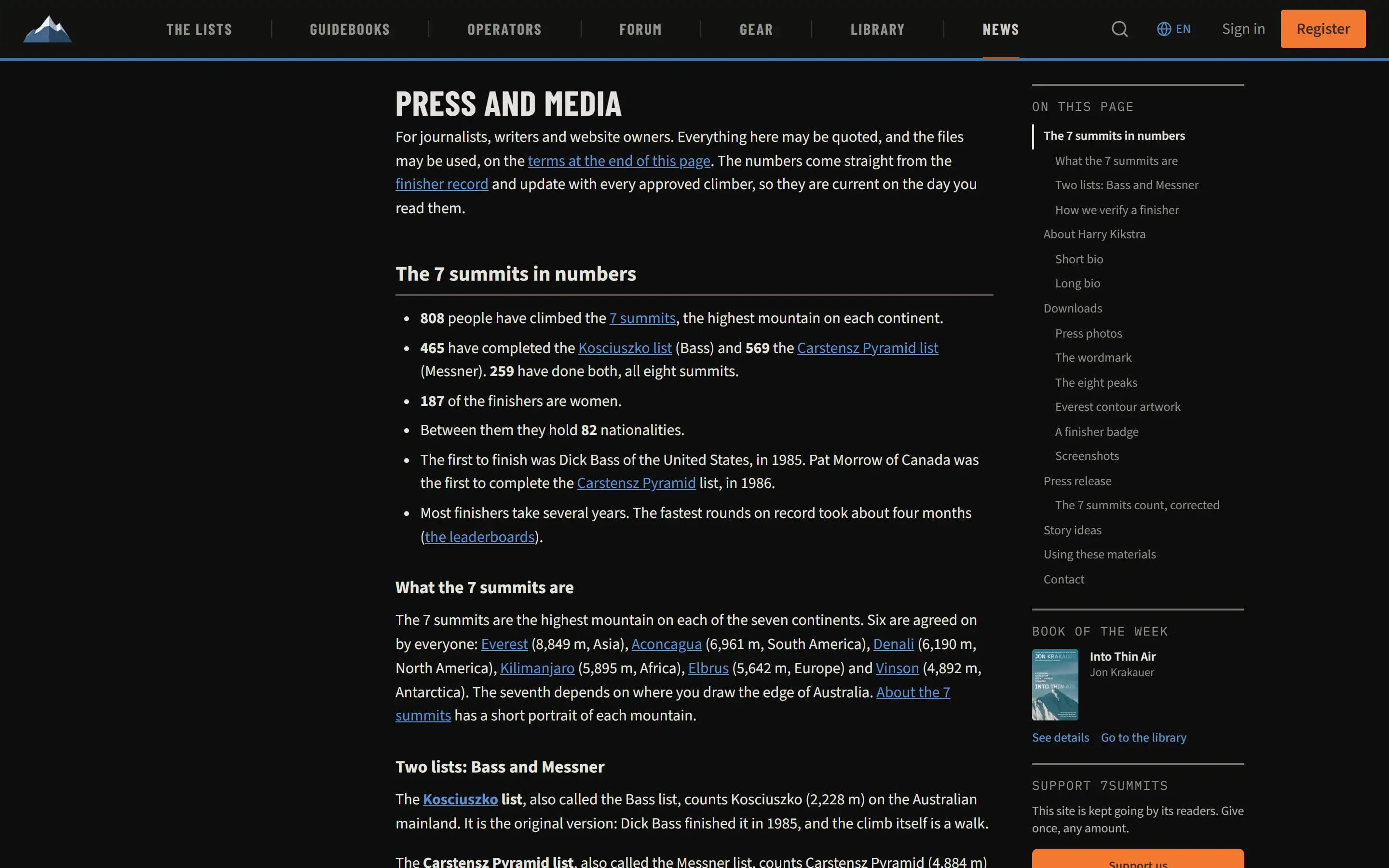 The Press and media page, dark mode