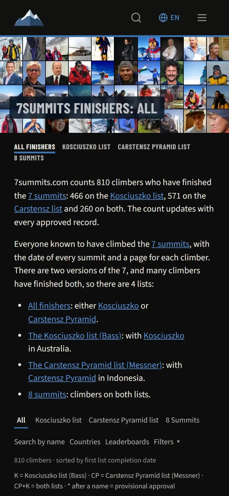 The finisher record on a phone, dark mode