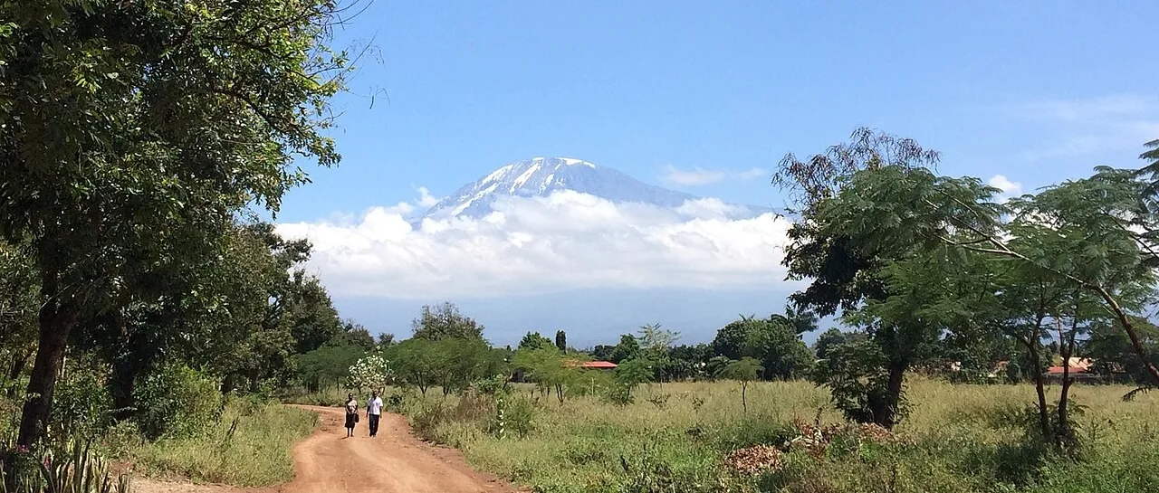 Snow-capped Mount Kilimanjaro seen from the town of Moshi, Tanzania