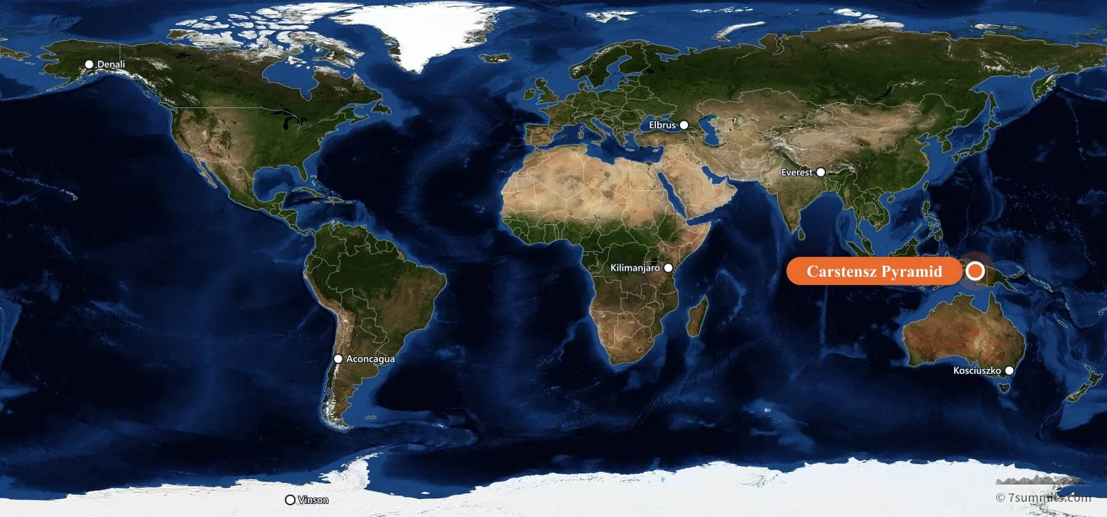World map showing the location of Carstensz Pyramid, one of the Seven Summits