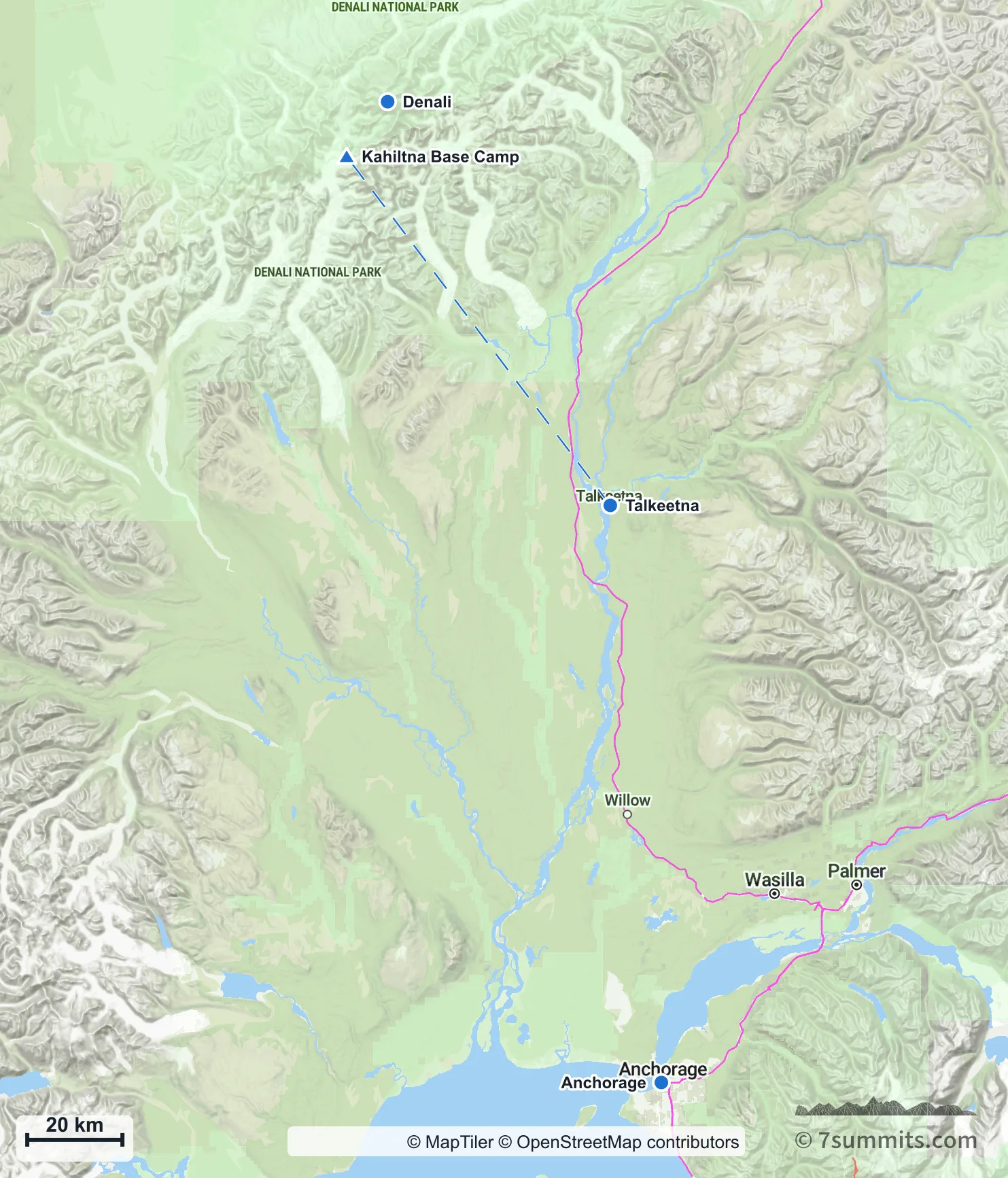 Map of the approach to Denali: Anchorage, Talkeetna and the flight to Kahiltna Base Camp