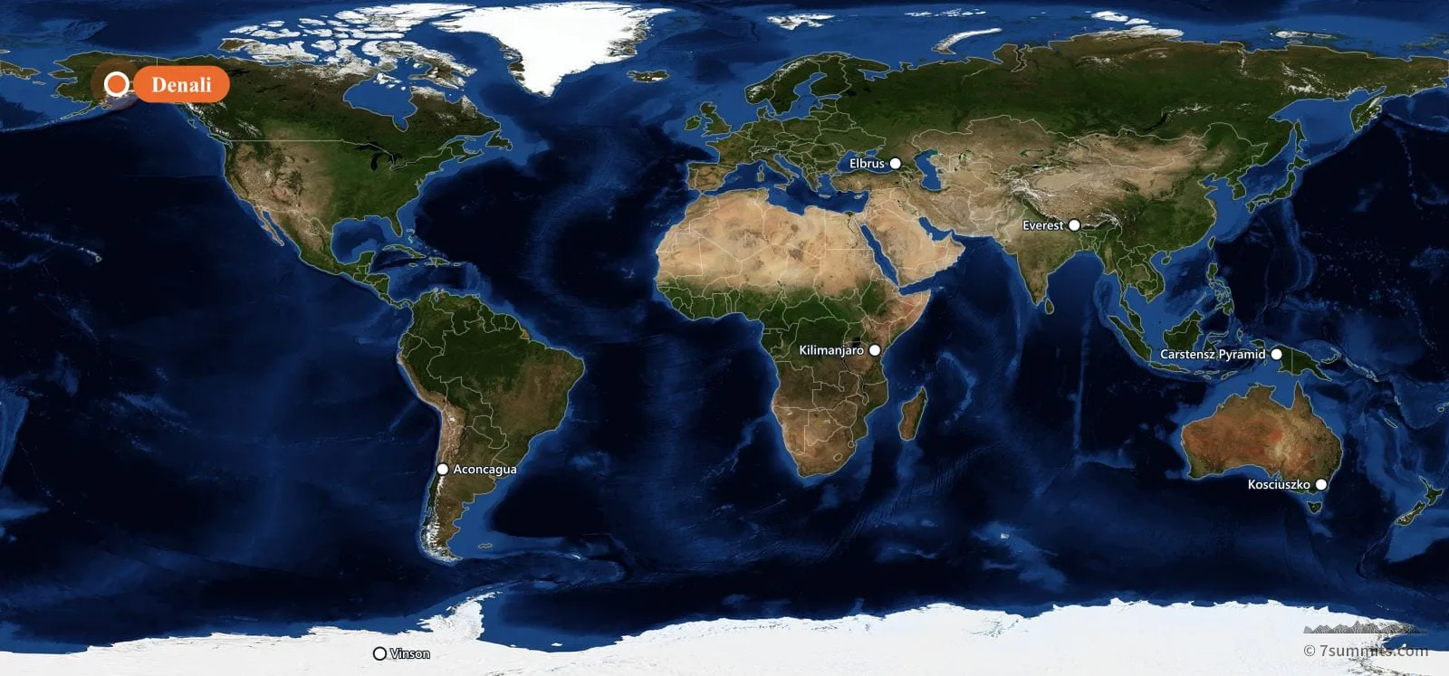 World map showing the location of Denali, one of the Seven Summits