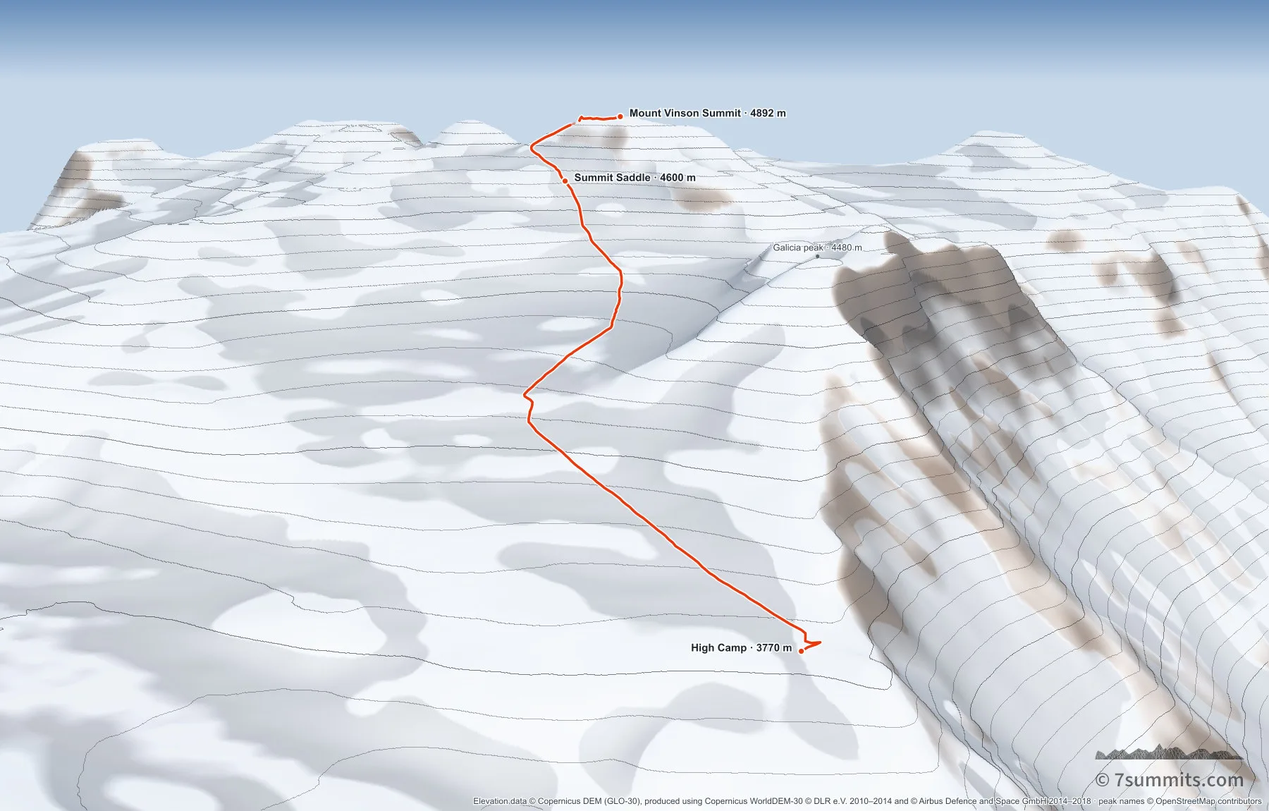 Three-dimensional view of summit day on Mount Vinson, from High Camp over the Summit Saddle to the summit