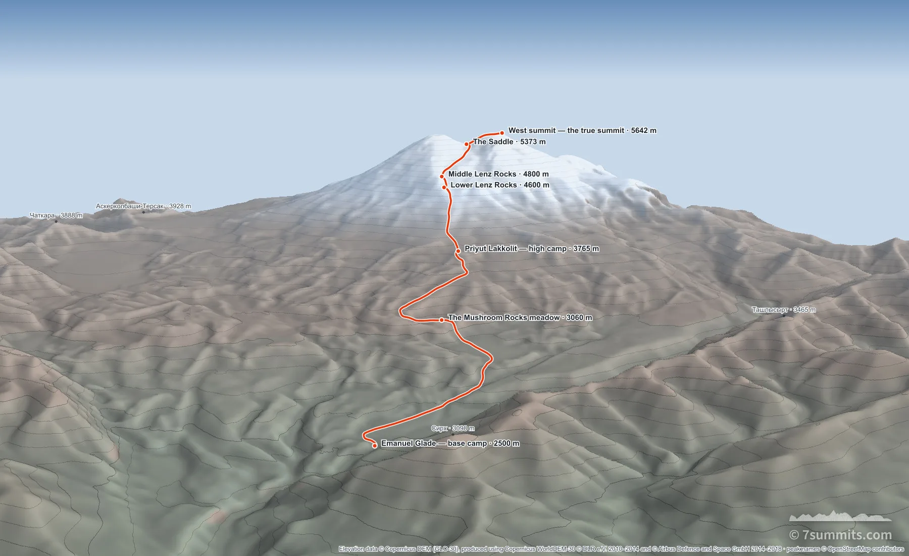 Oblique three-dimensional view of the North route on Mount Elbrus, from Emanuel Glade to the West summit