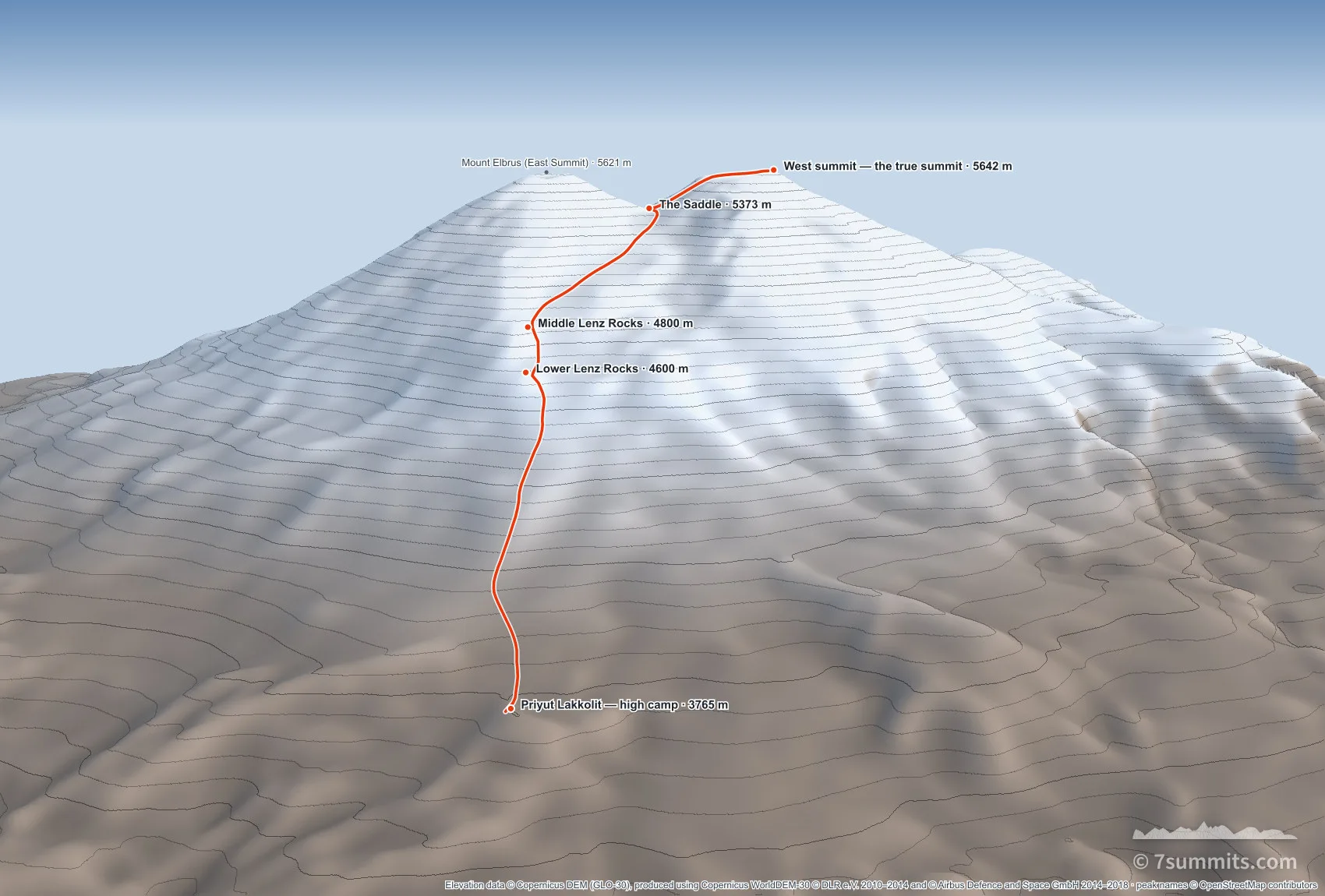 Three-dimensional view of summit day on the north side of Mount Elbrus, from Priyut Lakkolit over the Lenz Rocks and the saddle to the West summit