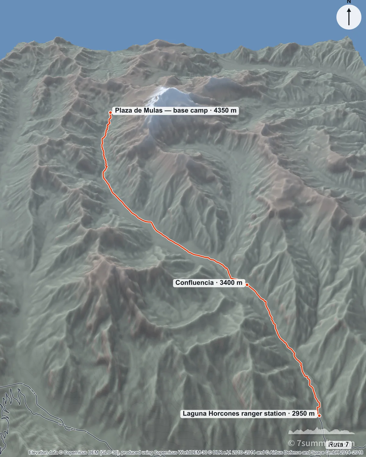 Three-dimensional view of the walk in to Aconcagua with north at the top, from the Laguna Horcones ranger station up the Horcones valley past Confluencia to Plaza de Mulas base camp