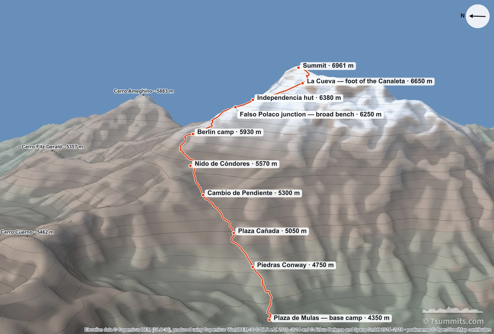Three-dimensional view of the upper mountain on Aconcagua seen from the west, from Plaza de Mulas base camp past Plaza Cañada, Nido de Cóndores and Berlín to the summit