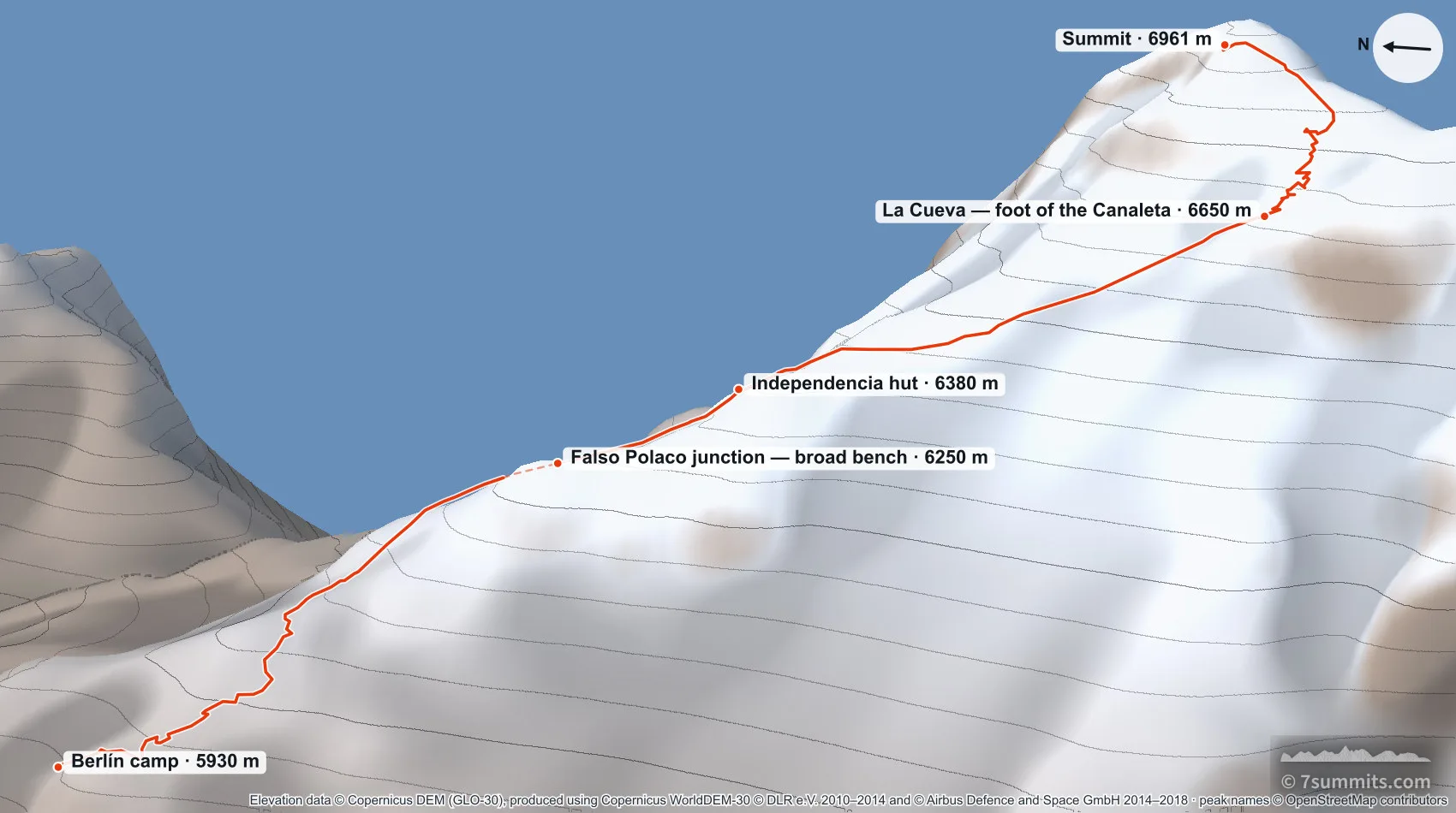 Three-dimensional view of summit day on Aconcagua, from Berlín camp past Independencia and across the Gran Acarreo to the Canaleta and the summit